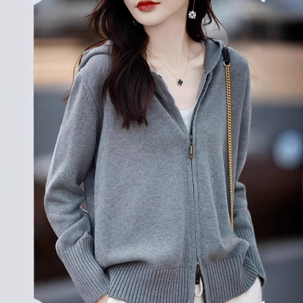 Cotton Cardigan Knitwear Jacket for Women Spring & Fall Thickeneded Long-Sleeved Zipper Sweatshirt Hooded Knitwear Hooded Bottoming Top