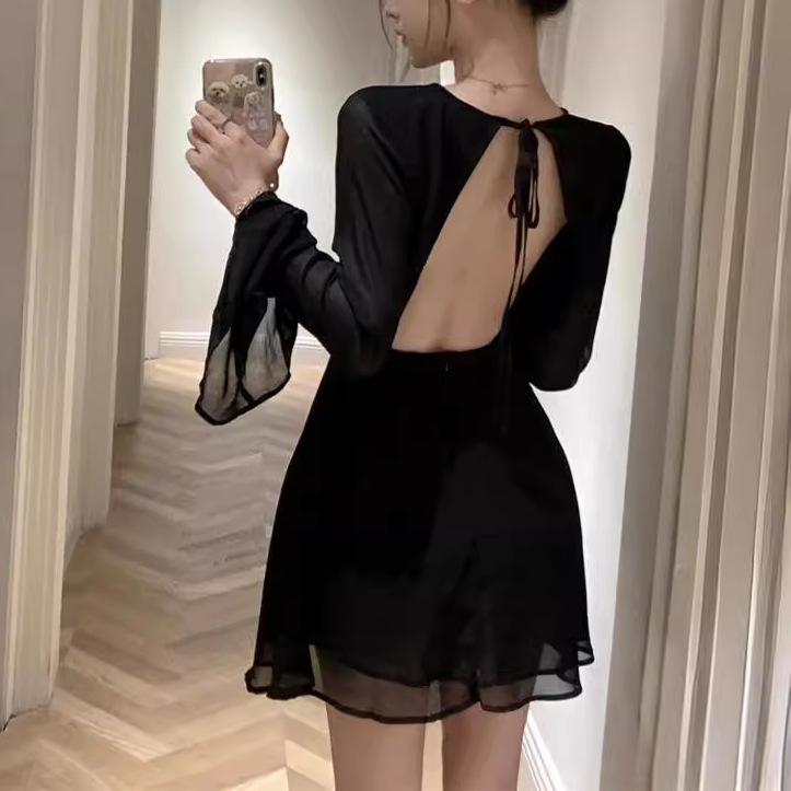 Black long sleeve dress women's autumn and winter French style black skirt tight waist A- line backless high-grade skirt