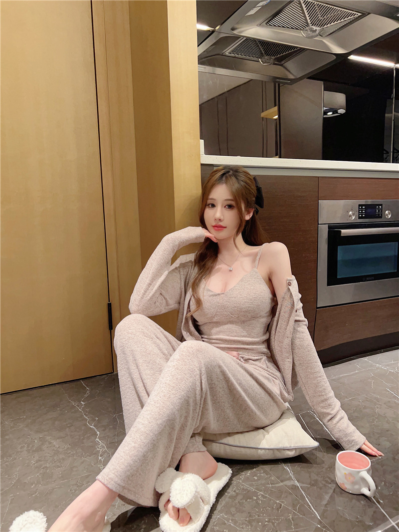 Geielo Pique睡衣女春季磨毛针织棉长袖吊带胸垫三件套装家居服