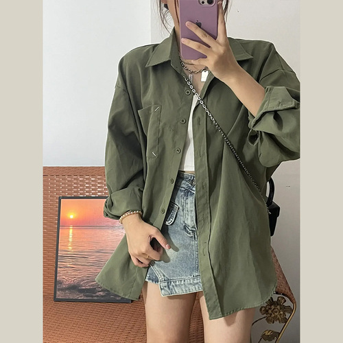 American retro green shirt cardigan jacket for women spring and autumn 2024 new loose long sleeve loose top shirt