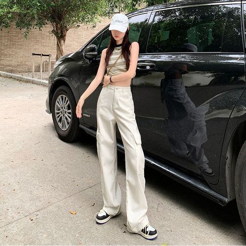2025 High-Quality Workwear Denim Jeans in White—Versatile Design, High-Waisted, Perfect for Pear-Shaped Figures, Casual Wide-Leg Pants