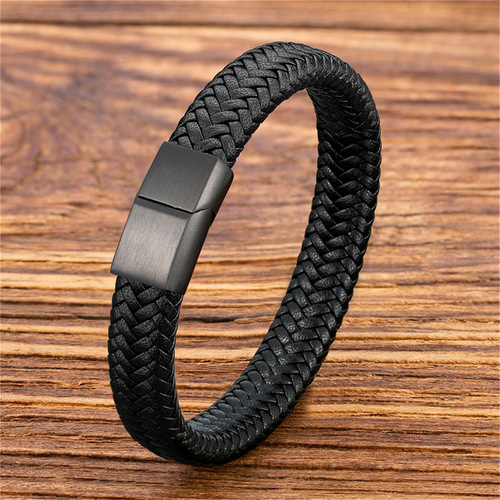 Cross-border best-selling stainless steel genuine leather bracelet retro woven titanium steel bangle factory direct sale