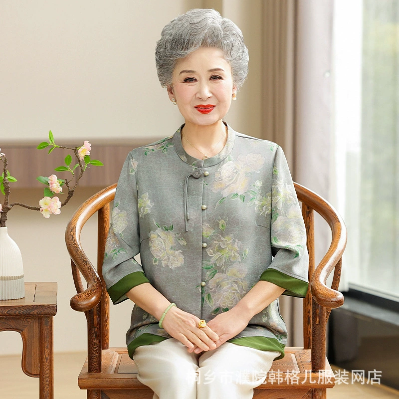 Пожилые летние рубашки бабушки семь рукавов одежда мама Летний круглый воротник 60-летняя старушка большой размер рубашки