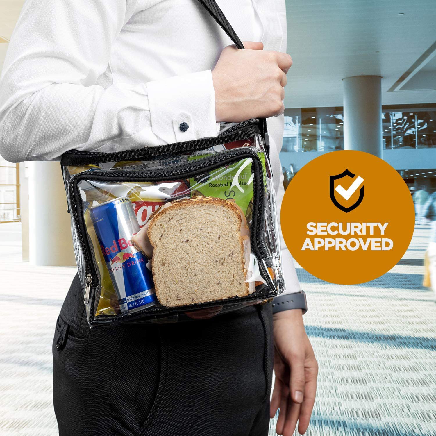 PVC Transparent Adjustable Strap Front Storage Compartment Mesh Pocket Outdoor Lunch Bag_voghion.com