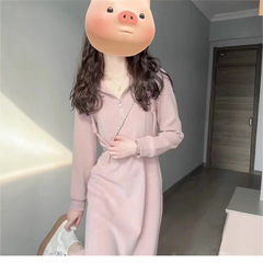 ピンクのフード付き長袖ドレス女性のための 2025 新しい初秋ニットスウェットシャツミドル丈スカート韓国スタイルのウェア