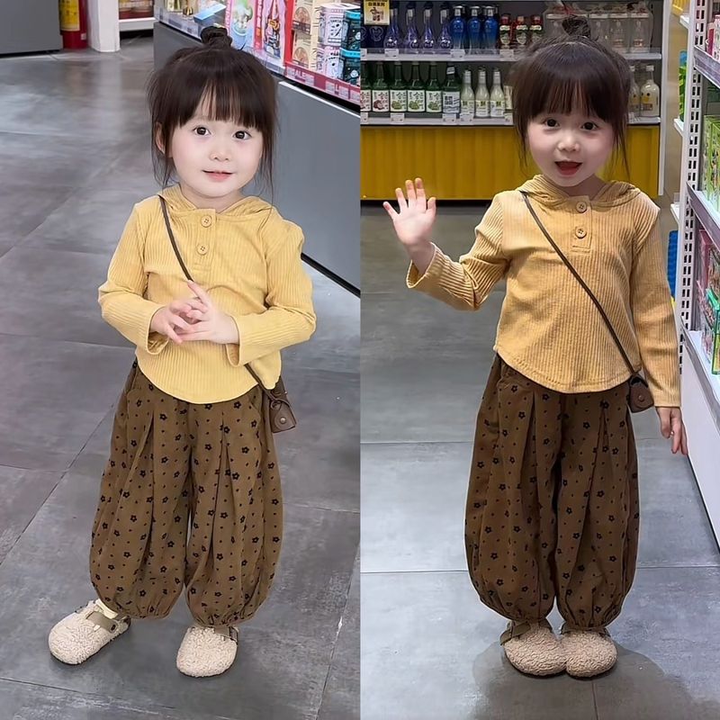 女童套装坑条连帽长袖恤打底衫新款2025秋洋气韩版灯笼裤两件套|undefined