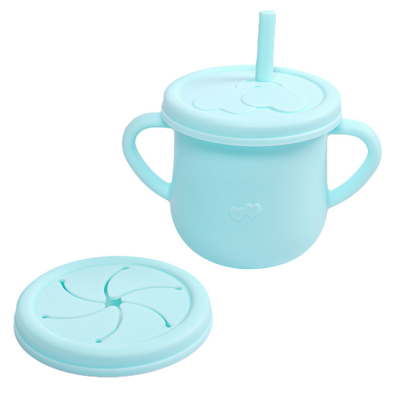 Vaso de aprendizaje para bebés con doble asa, vajilla para niños, vaso con pajita de silicona, vaso para refrigerios, vaso para agua con escala, vaso con doble tapa