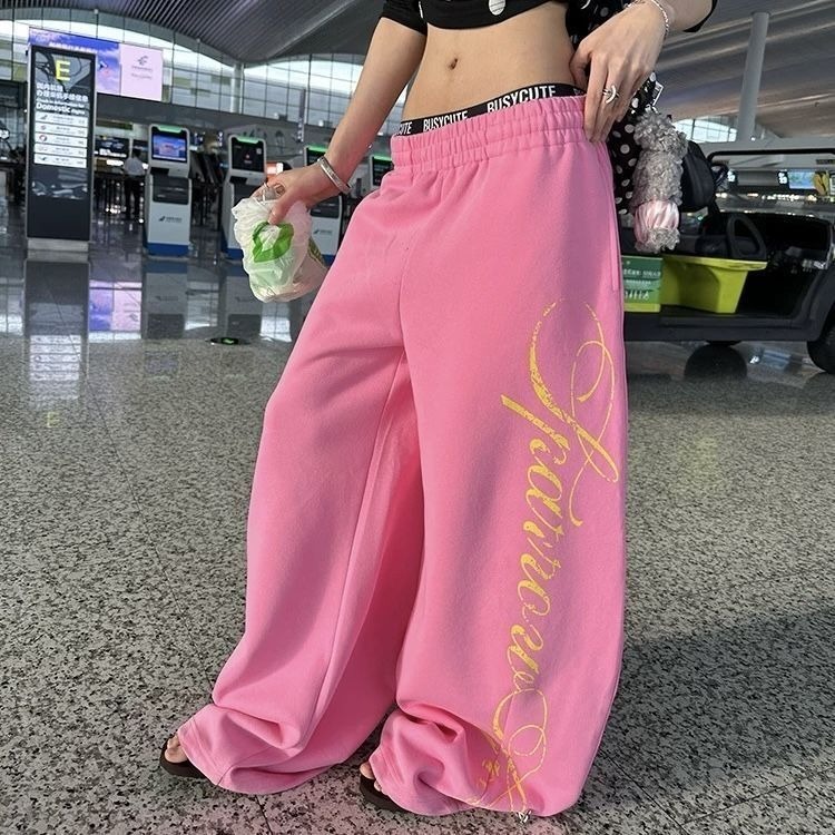 跨境美式y2k星星字母印花松紧腰阔腿休闲裤男女宽松百搭垂感长裤|undefined