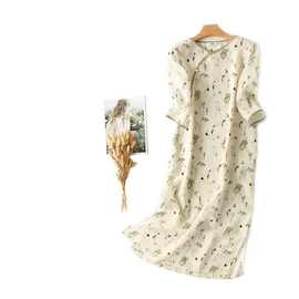 2024夏季新款复古民族风棉麻改良文艺禅意茶服印花中长款连衣裙女