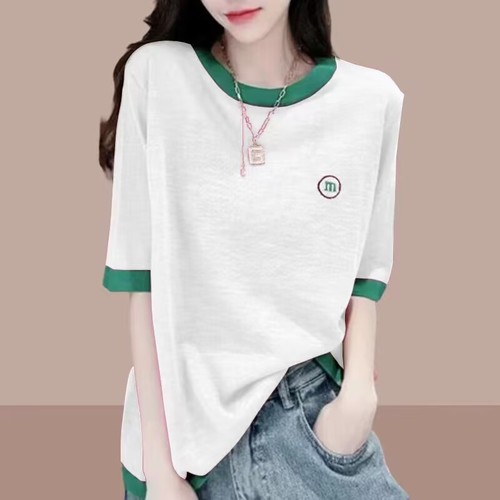 Short-sleeved bamboo joint cotton T-shirt for women 2025 spring and summer new thin large size loose casual spliced ​​half-sleeved top for women