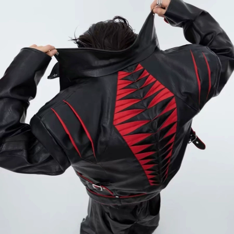 Niche deconstructed spinal compression pleated design short leather jacket heavy industry splicing high-end motorcycle jacket