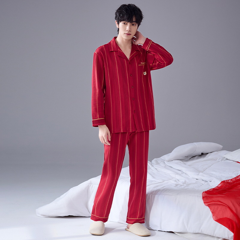 Pijama de hombre primavera y otoño de algodón rojo pantalones de manga larga para niños 2024 nuevo estilo de ropa de hogar de verano