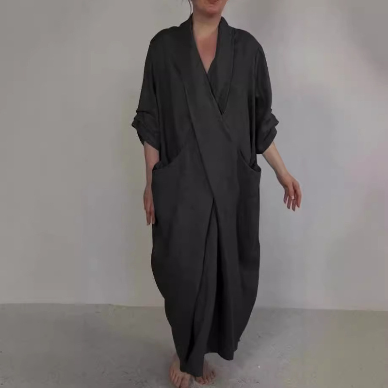 Foreign Trade Summer and Autumn_Linen Bathrobe Dress, Solid Color Casual Dress with Large Pockets, V-Neck Slit Dress with Large Pocket Design Foreign Trade Summer and Autumn_Linen Bathrobe Dress, Solid Color Casual Dress with Large Pockets, V-Neck Slit Dress with Large Pocket Design