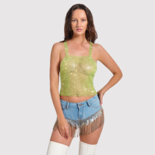 欧美夏季沙滩女装水钻上衣派对夜店满钻吊带辣妹镂空性感背心女