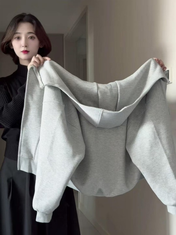 灰色卫衣外套女连帽美式大口袋上衣宽松秋冬季2025新款男女同款|undefined
