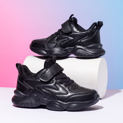 Children's Running Shoes - Full Black Leather, Lightweight, Breathable Mesh Design, Suitable for Autumn