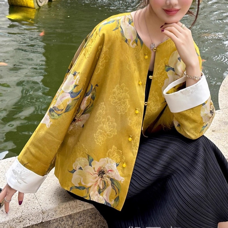 新中式国风提花外套女2025年秋季新款复古圆领珠扣唐装休闲上衣潮|undefined