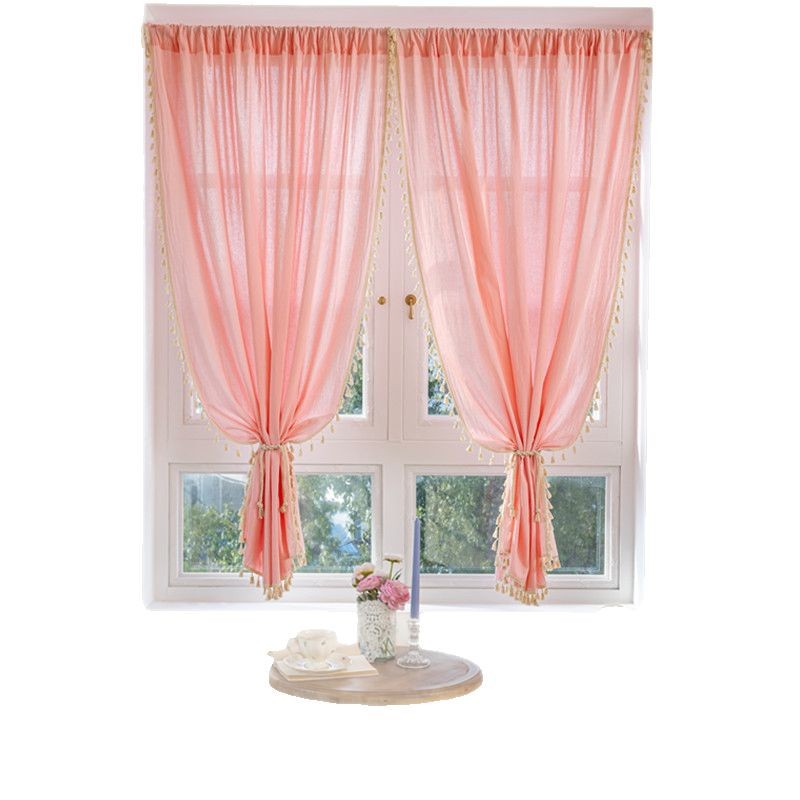 Lexuanxiu Semi-blackout Curtains Pure Pink Simple INS Wind Non-punching Bedroom Floating Curtains_voghion.com