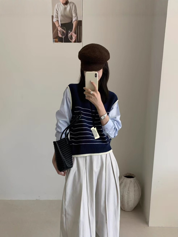 苏珊 韩系复古条纹假两件针织衫女2025秋冬季新款款式上衣27056|undefined