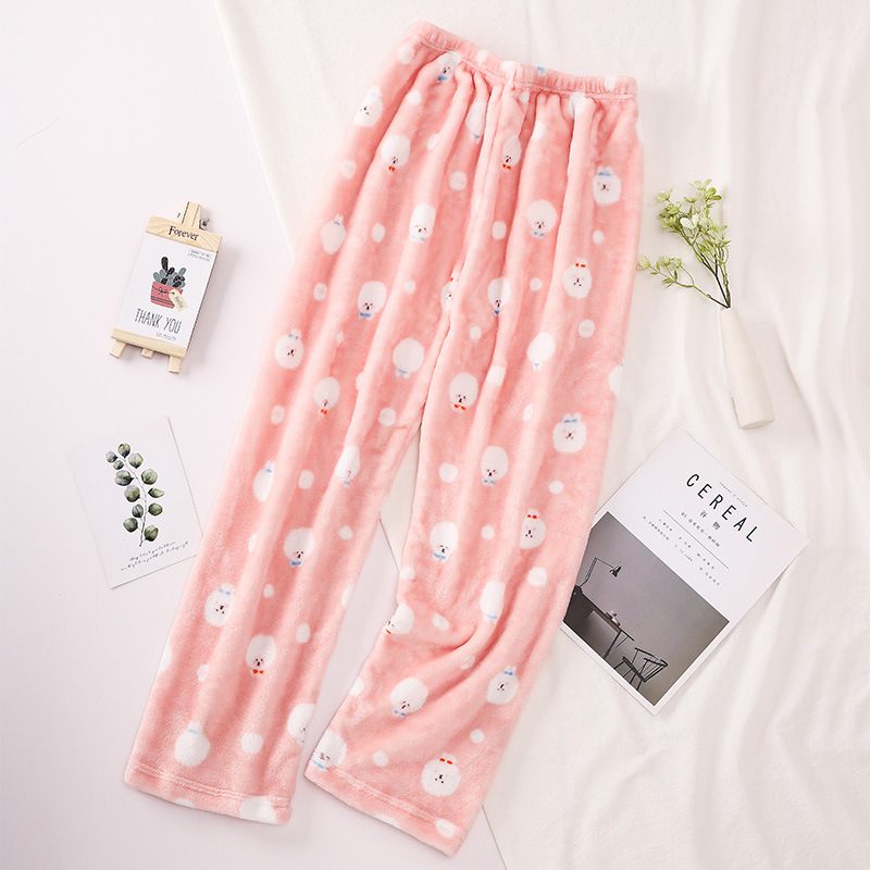 Pantalones de pijama para mujer de otoño e invierno, pantalones largos de franela, ropa de estar de forro polar coral, venta al por mayor de una sola pieza, ropa de casa cálida y dulce.