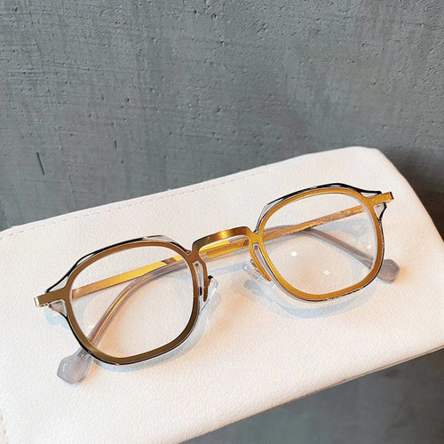 Qianai's new irregular anti-blue light glasses Korean version personalized gold glue mixed flat mirror retro myopia eye frame