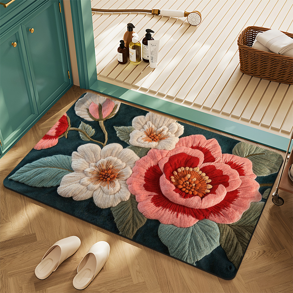 Cross-Border American Floral Crystal Velvet Floor Mats for Home Entrance, Stain-Resistant, Wear-Resistant and Easy-Care Floor Mats, Bathroom Non-Slip Floor Mats