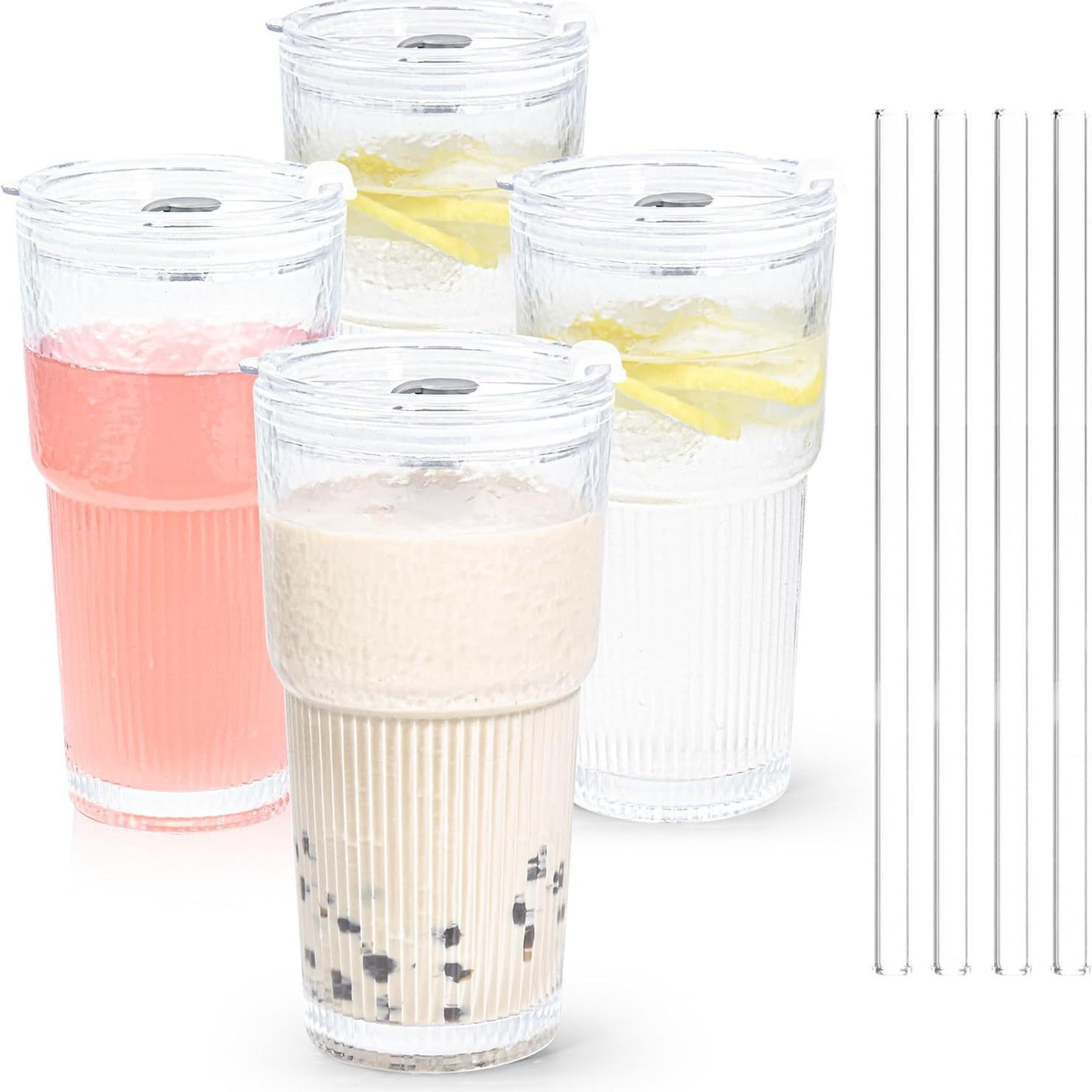Transfronterizos ecológicos tazas de vidrio a rayas verticales tazas de café tazas de jugo tazas de agua de gran capacidad tazas domésticas con paja con cubierta