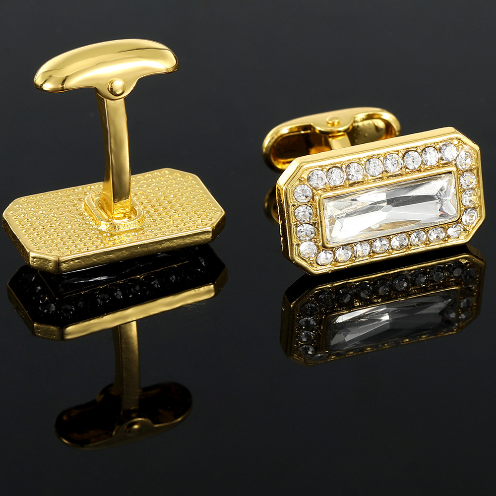 fashion gold rectangular zircon full diamond crystal cufflinks men's French shirt cuff nails new products in stock_voghion.com