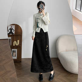 新中式国风植绒提花半身裙女2024春款设计感高腰显瘦气质开叉长裙