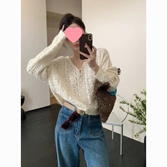 白色领镂空针织开衫外套毛衣女薄款外搭小个子春秋韩系上衣