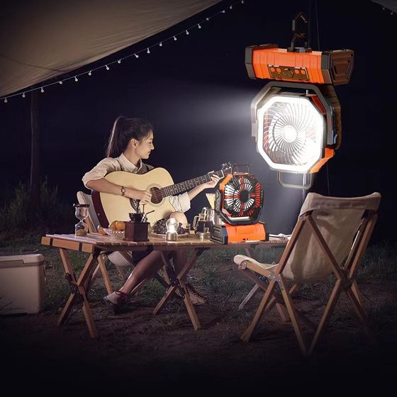 Cross-border new outdoor fan speed regulating fan portable large wind charging remote control charging camping fan lighting