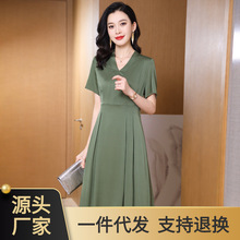 杭州真丝连衣裙中长款2024夏新款时尚纯色长袖收腰重磅桑蚕丝裙子