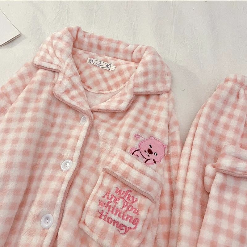 海狸loopy露比格子KT猫珊瑚绒睡衣女秋冬季法兰绒开衫家居服套装