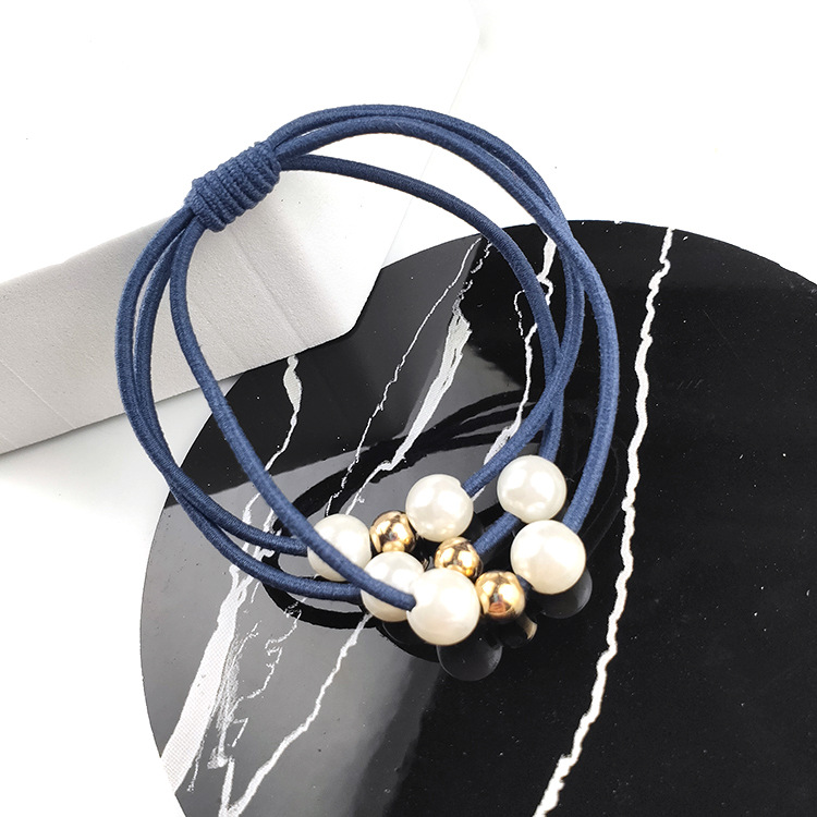 Artificial Pearl, Nylon Material Solid Color Pattern Korean Style Three-in-one Pearl Hair Band High Elasticity Simple Handmade Knotted Hair Rubber Band Hair Rope Factory Wholesale