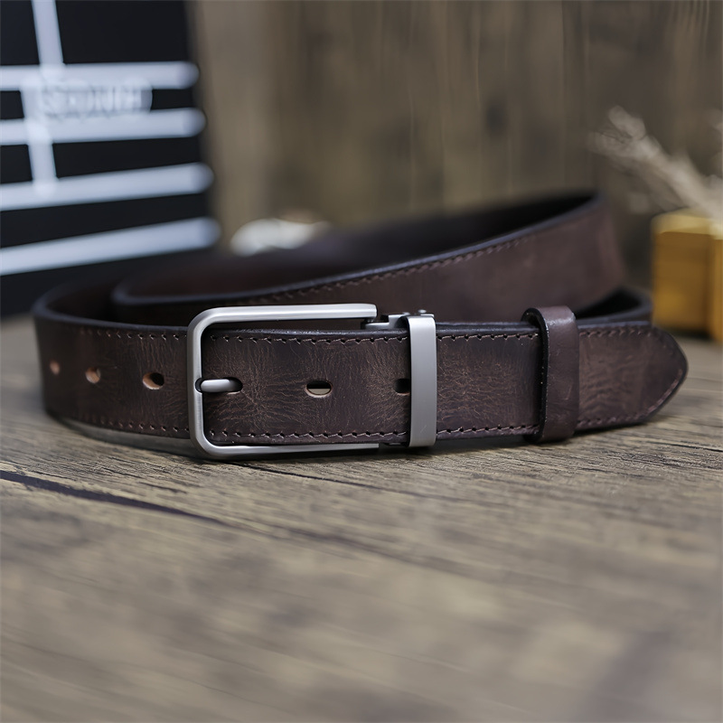 Handmade Top Layer Vintage Vegetable Tanned Pure Cowhide Pin Buckle Men's Workwear Pants Distressed Genuine Leather Belt_voghion.com