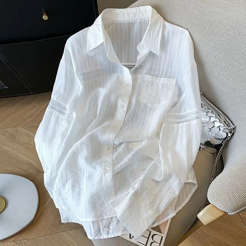 Lace Hollow Lazy Style ~ Loose White Sunscreen Shirt Women's Top Summer Thin Ice Silk Shirt Jacket Lace Hollow Lazy Style ~ Loose White Sunscreen Shirt Women's Top Summer Thin Ice Silk Shirt Jacket