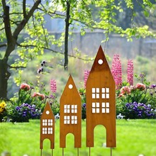 跨境新款生锈的三个城堡房子剪影雕像圣诞节花园装饰品金属工艺品