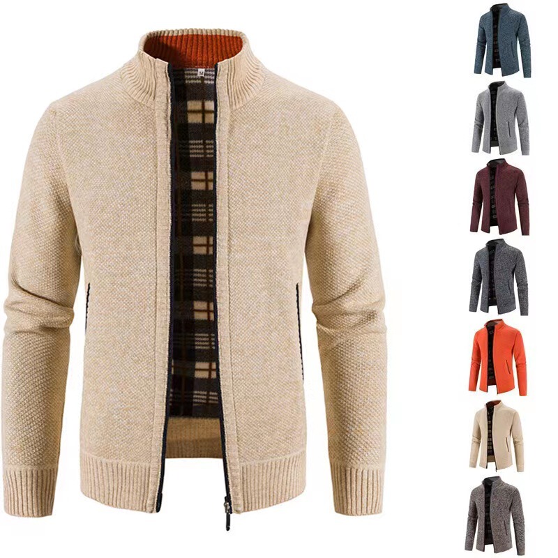 Cross-border foreign trade autumn and winter men's fleece-lined stand collar cardigan sweater European and American fashion warm sweater coat top men