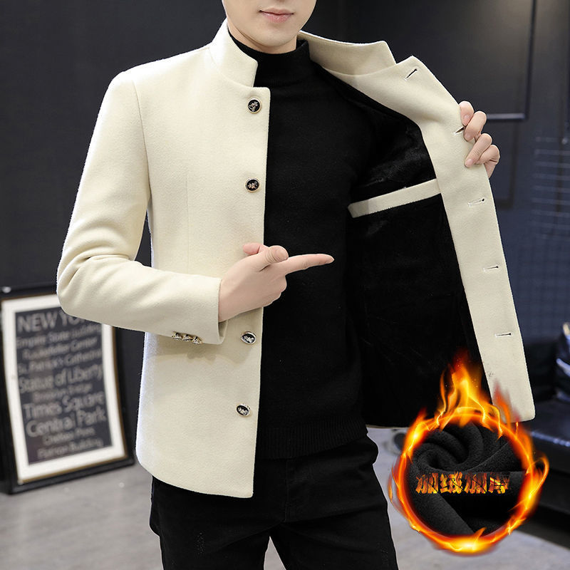 冬季男士立领西服韩版修身加绒加厚青年中山装毛呢小西装外套男潮
