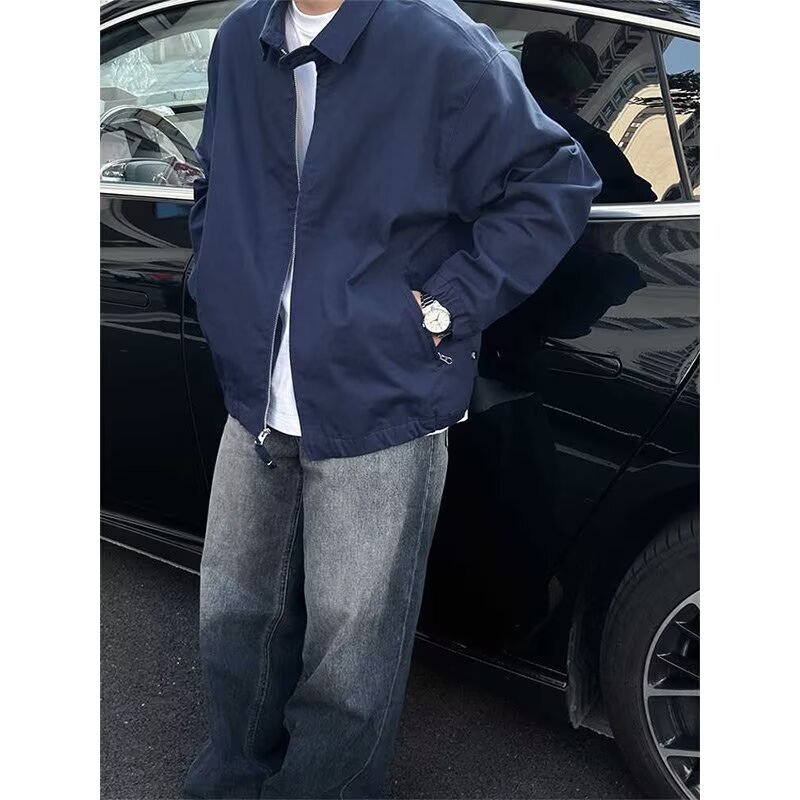 regular Fashionable Loose Autumn and Winter Long Sleeve Solid Color navy blue Short Jacket Men's Spring and Autumn Fashion Jacket with Collar