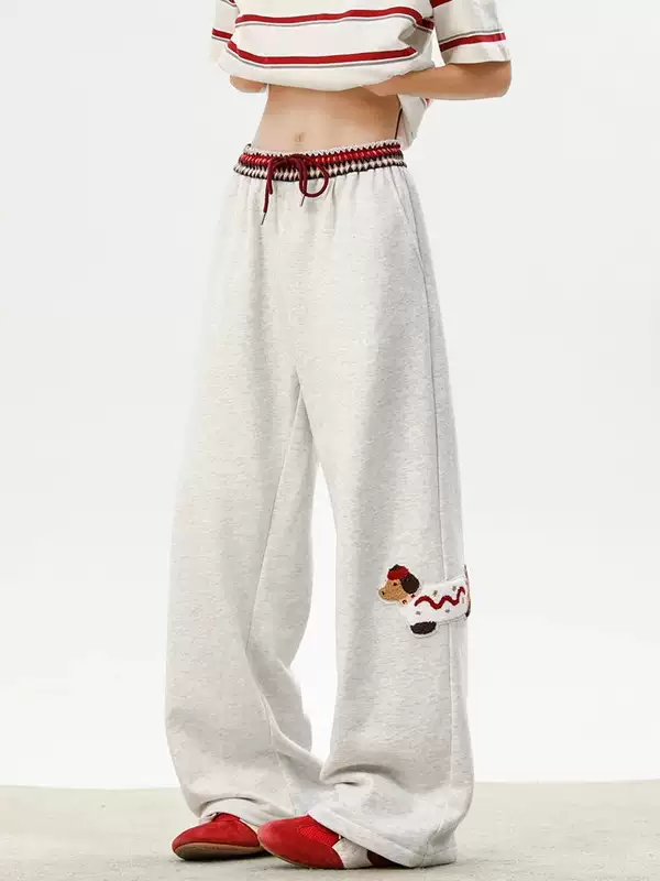 Men's Straight Loose Pants Youth Dachshund American Retro Waistband Patchwork Design Sports Casual Long Pants