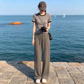 2026夏新款休闲套装女套减龄显瘦修身运动穿搭短袖条纹阔腿裤两件