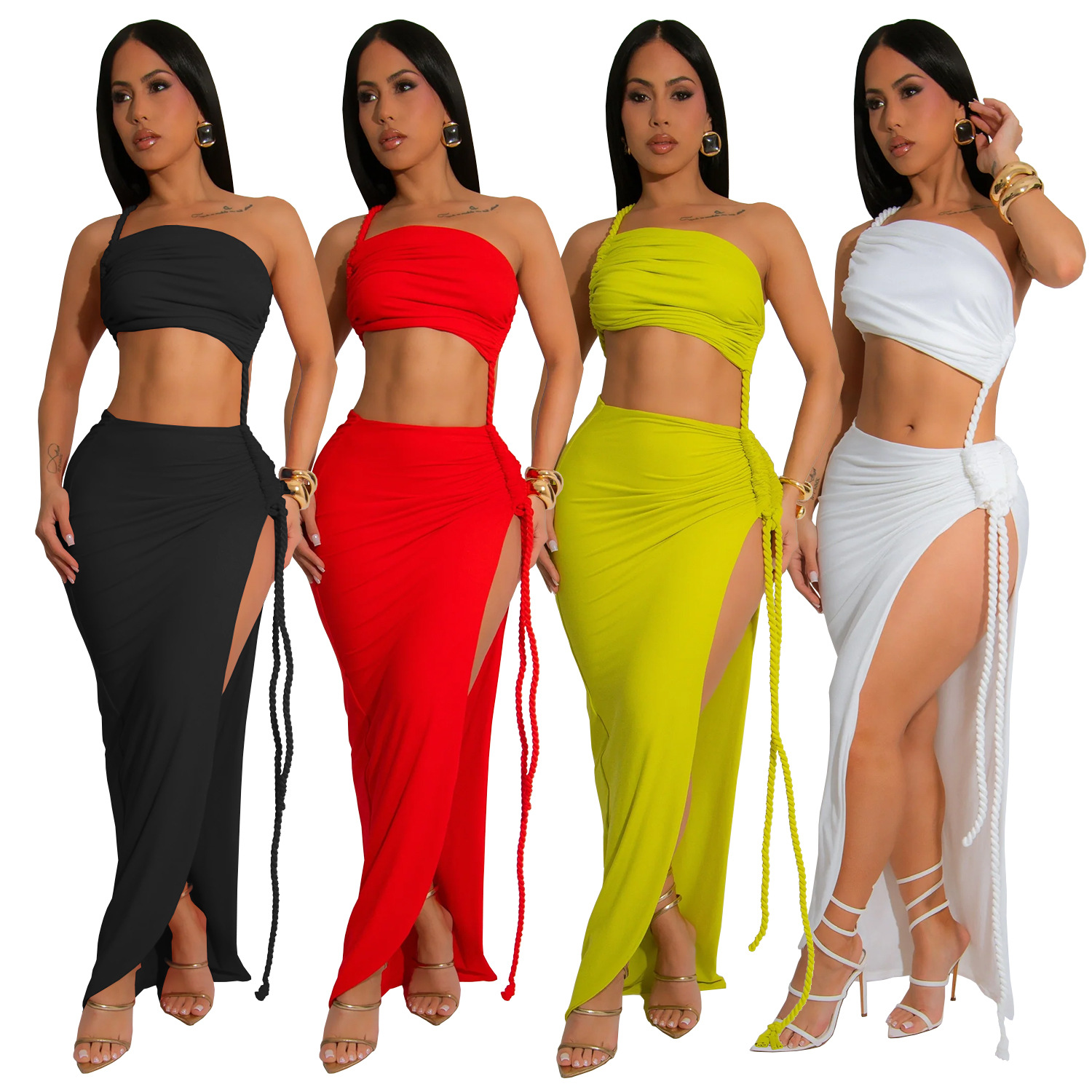 C7342 Cross-border AliExpress Amazon Ropa de mujer de moda europea y americana Vestido largo sexy simple envuelto en el pecho con apertura lateral