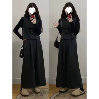 时尚套装女装秋冬季简约毛呢马甲九分阔腿裤三件套