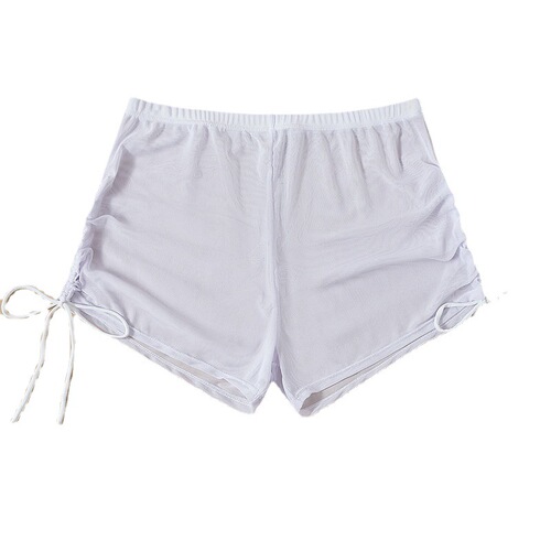 2025 European and American sexy solid color swimsuit women's four-pieces transparent mesh drawstring beach swimming trunks bikini shorts