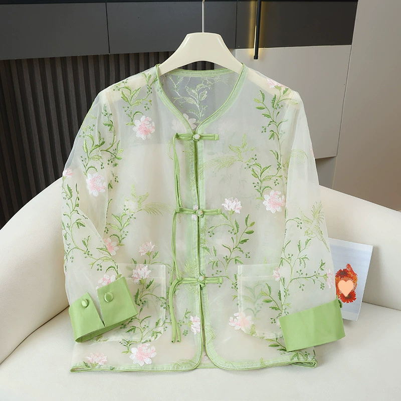 Новая солнцезащитная куртка в китайском стиле в стиле ретро в национальном стиле, женская тонкая рубашка, летняя новая мода, стильный кардиган с вышивкой, топ