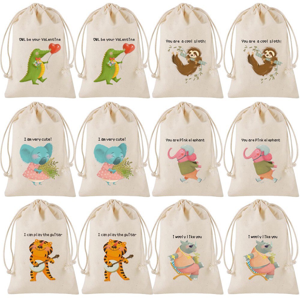 跨境新品首饰棉布袋卡通动物抽绳袋儿童派对生日礼品袋糖果礼物袋