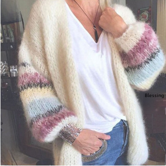 Women's Striped Mohair Cardigan Knitted Long Sleeved Coat_voghion.com