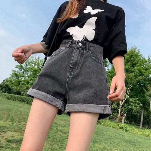 Women's Summer High-Waisted Denim Shorts, Korean Style Wide Leg A-Line Trendy Ins Versatile Casual Rolled Hem Student Hot Pants