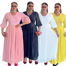 速卖通跨境非洲新款大码女装优雅长裙欧美外贸潮流V领压褶连衣裙